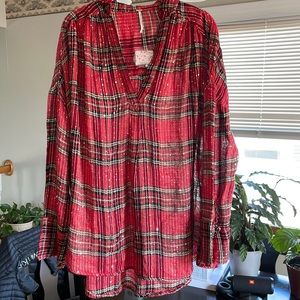 Free People Fearless Love Red Plaid Sequin Oversized Top